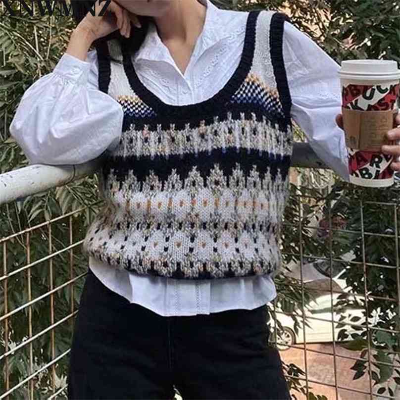 

women Vintage Oversized diamond check vest knit sweater casual Sleeveless chic Waistcoat Female 210520, Multi