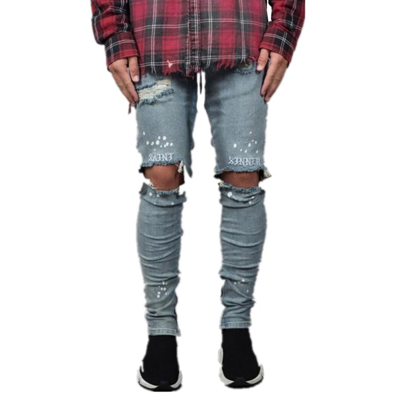 

Men' Jeans Skinny Men 2021 Fashion Mens Clothing Black Light Blue Knee Hole Decor Letter Printed Long Trouser