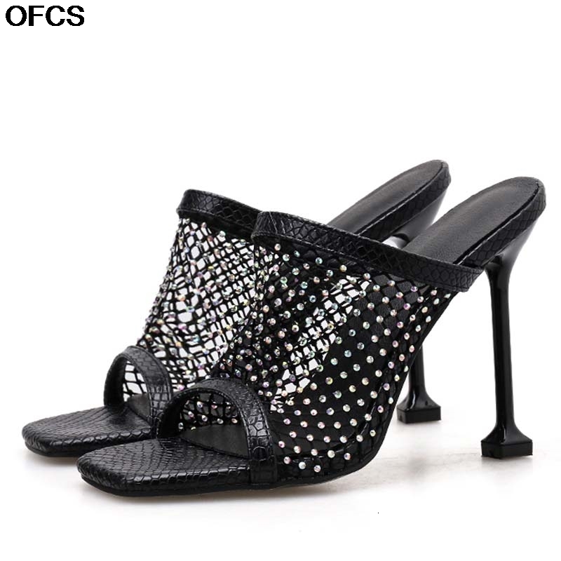 

Sandals Fashion Square Toe Summer Slippers Women Stilettos Heels Sexy Hollow Breathable Mesh Snake High Heel Shoes IPA6, Black