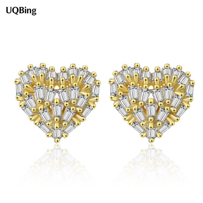 

Stud Top Grade Quality Zircon Heart Shape Wedding Women Earring 925 Sterling Silver Gifts Jewelry, Golden;silver