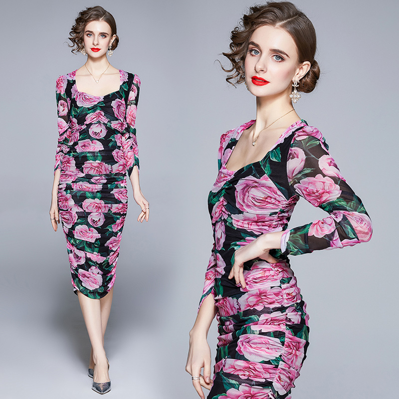 

Luxury Runway Floral Sexy Pencil Dress Women Designer Prom Puff Sleeve Square Neck Printed Bodycon Dresses Business Party Office Summer Autumn Slim Ladies Clothes, Purple