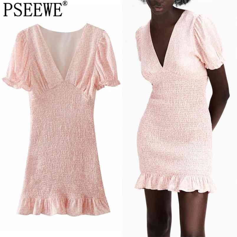 

Dress Woman Pink Floral Mini Summer Women Ruched Casual Short Puff Sleeve Ruffle Ladies es 210519