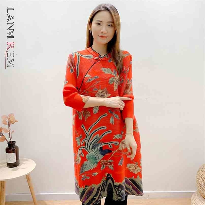 

Vintage Printing Flower Dress For Women Three Quarter Sleeve Pleated Dresses Female Summer Elegant Clothing 2H221 210526, Red