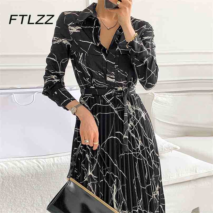 

Korean Vintage Blouse Dress Women Slim Turn Down Collar Printed Dresses Spring Autumn Long Sleeve Patchwork Pleated Robe 210525, Black printed