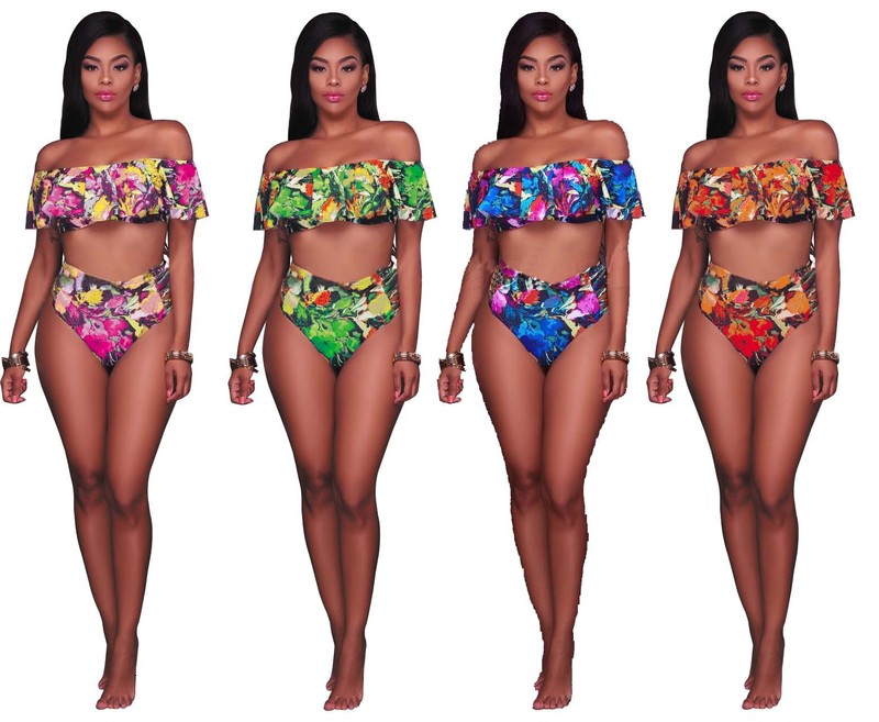 Flower Women&#039;s Fashion Multicolor Printing Sexy Bikini Split Swimsuit Lz-161#-image-678411810