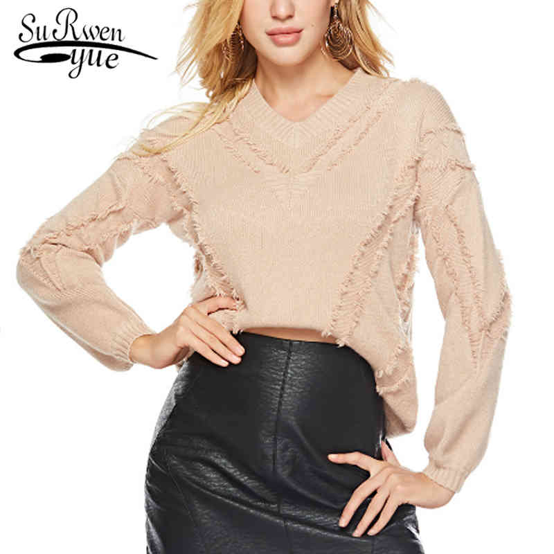 

Autumn Winter Women Knitted Sweater Sexy V-neck Tops Solid Pullover White Female Knit Plus Size 6484 50 210521