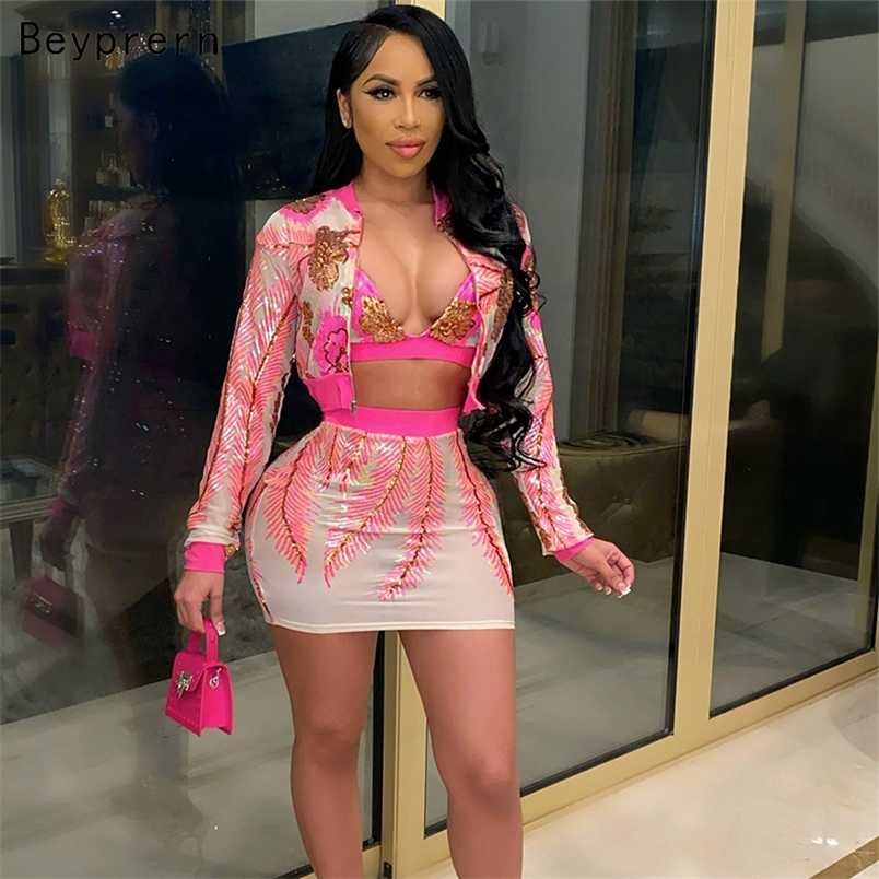 

Beyprern Chic Sequins Skirt Set And Matching Jacket 3 Pieces Suits Womens Sequins Bodycon Matching Set Birthday Outfits 211109, Rosered