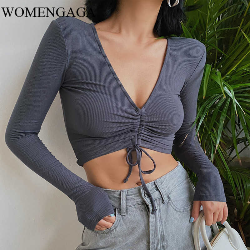 

WOMENGAGA Sexy Low-cut V-neck Drawstring Long-sleeved T-shirt Base Tops For Girls Knitting HJLO 210603, Gray