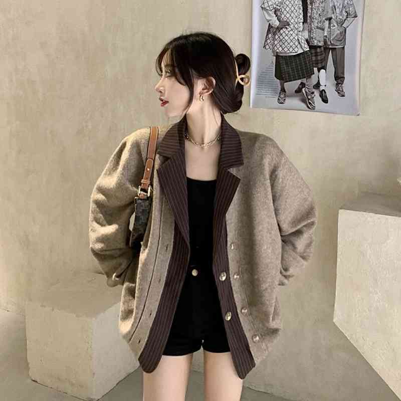 

WERUERUYU Autumn Winter Loose Low-neck Knitted Cardigan Fake Two-piece Long Sleeve Single Breasted Sweater Coat 210608, Photo color