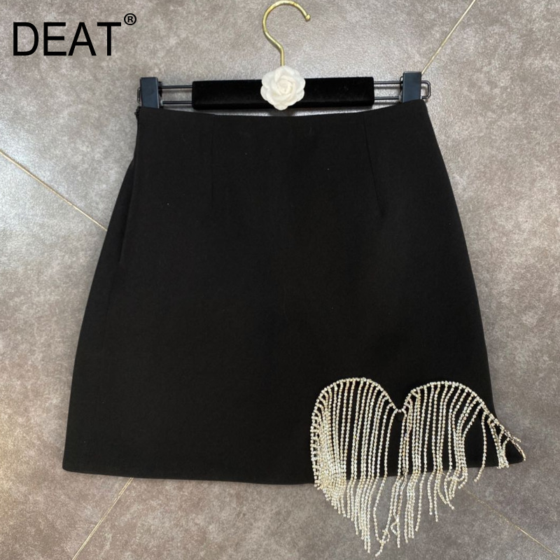 

Summer Halfbody Mini Skirt Arrivals Black Solid Color Nature Waist Stitching Tassel Buttocks MZ626 210525