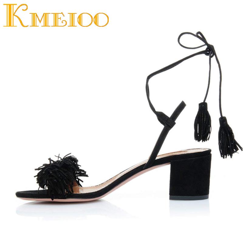 

Kmeioo Ankle Strap Gladiator Sandals Tassel Straps Summer Shoes Ladies Wedding Flock Women Fringe Sandal Heels, Black