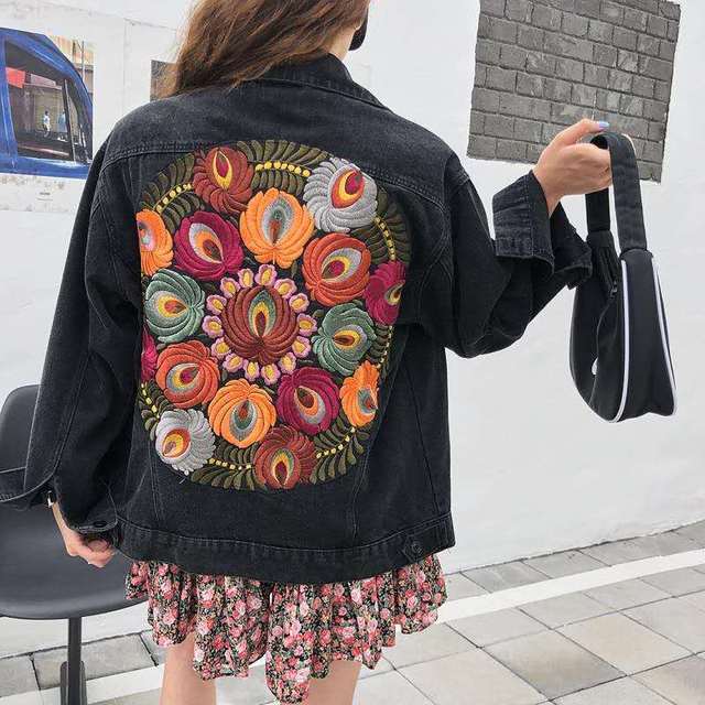

women's jackets autumn loose casual jacket embroidered vintage single-breasted flowers long fashion sleeve female black jeans k9kw, Black;brown