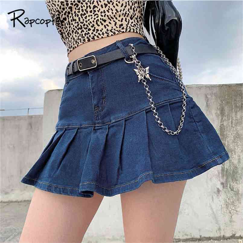 

Rapcopter Women Jeans Skirts High Waist Pleated Zipper Mini Summer 90S Streetwear Bottom Y2K Skinny Blue Skirt 210702, Black