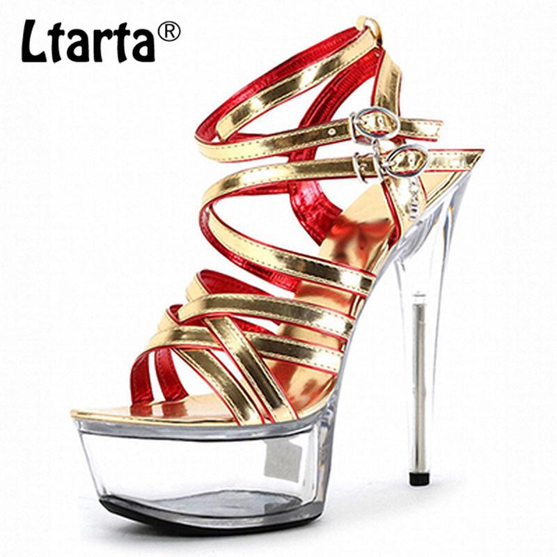 

Sandals LTARTA 15cm Heels Solid Color Buckle Round Head Super High Stiletto Club Roman Cross Strap Hollow LYP, Black
