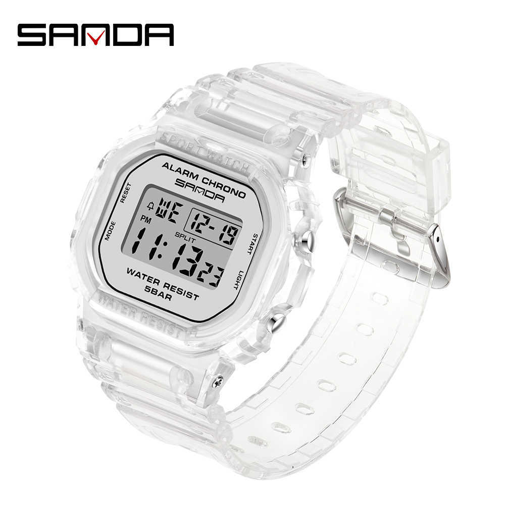

SANDA Fashion Sport Watch Women Transparent strap LED Digital Clock Ladies Electronic Reloj Mujer Relogio Feminino 2009 210616, Silver