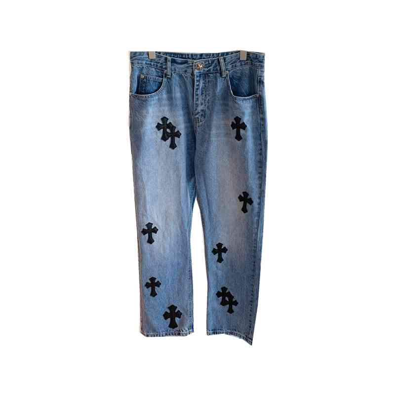 

Chrome trend Hearts Autumn 21 and Winter New Fashion Brand Crosin Cross Collage Leather Jeans Versatile Straight Pants for Men and Women, Blue