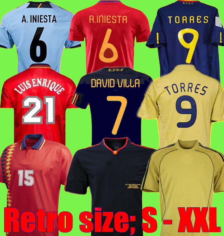 

retro Soccer Jerseys 2008 2012 1996 1994 final 2010 Spain RAUL A.INIESTA PIQUE XAVI TORRES David Villa camiseta Football shirt, Black;yellow