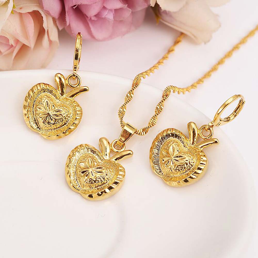 Christmas 18k Yellow Fine gold G big apple pendant Earrings Bridal Jewelry Set Rabbit ear Wedding gift-image-677773040
