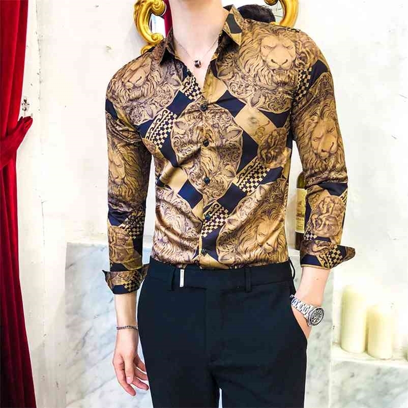 

Luxury Golden Casual Shirt Men Long Sleeve Shirt Dress Slim Fit Tuxedo Shirts Male Fashion Streetwear Social Night Club Shirt 210708, Gold