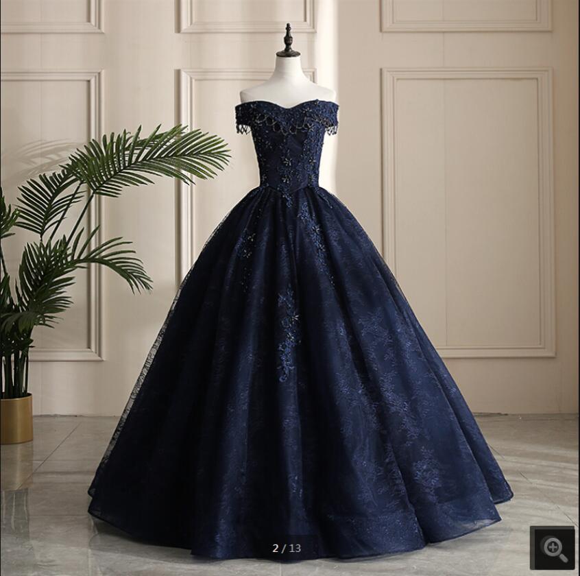 

Robe de soiree 2021 vintage navy blue lace ball gown prom dresses beaded crystals appliques princess puffy corset party gowns off shoulder elegant quinceanera dress, Hunter