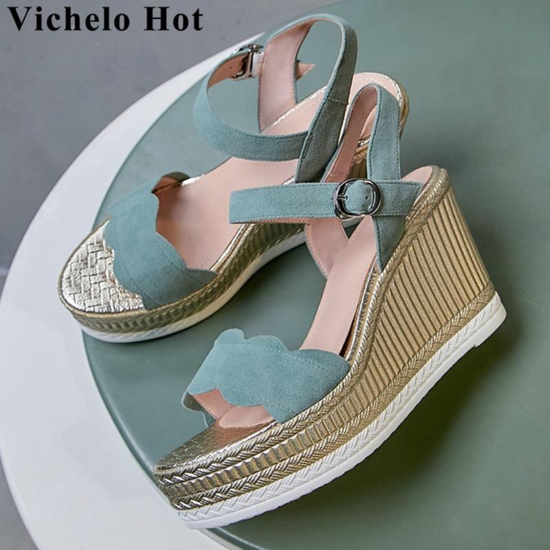 

Vichelo European Designer Kid Suede Wedges Platform Peep Round Toe Buckle Strap Super High Bottom Increased Sandals L6f4, Black