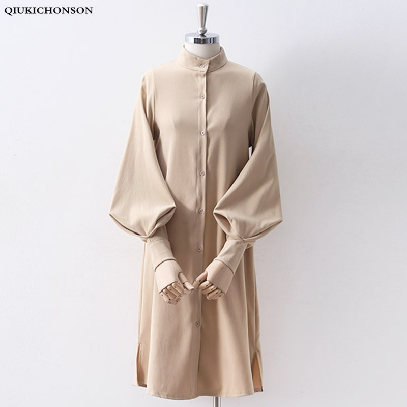 

Long Lantern Sleeve Blouse Korean Lazy Oaf Style Women Shirt Spring Autumn Stand Collar Single Breasted Slit Long Shirt White, Blue