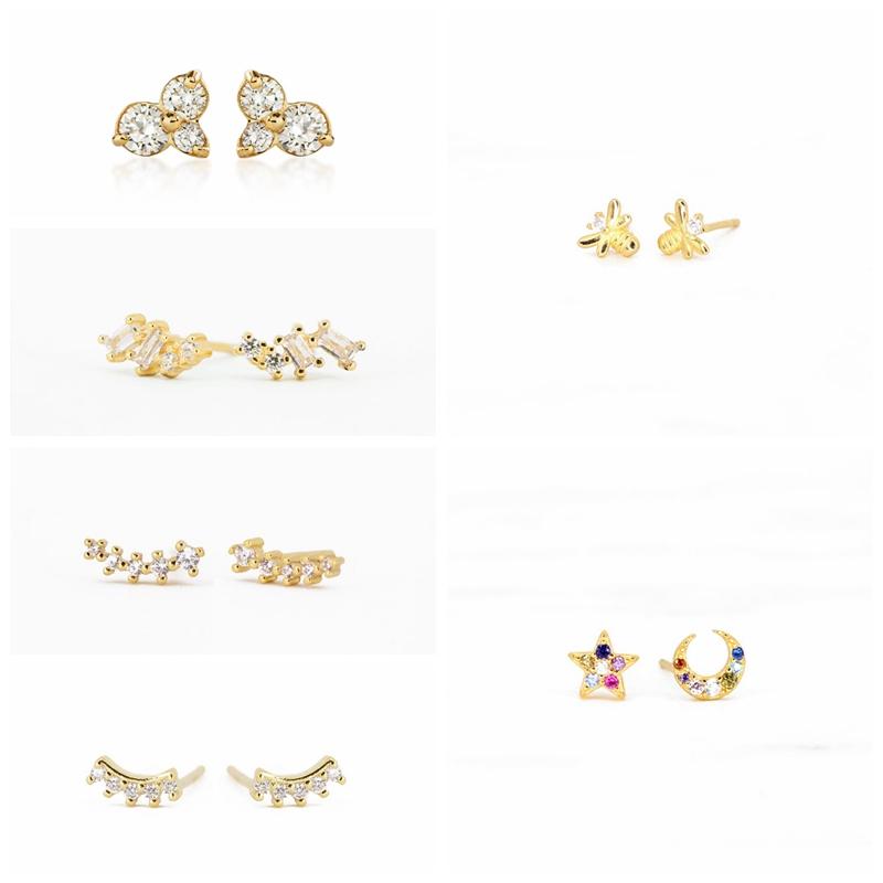

Stud CANNER 925 Sterling Silver Earrings Bee Moon Star CZ Zircon Piercing Mini Jewelry Pendientes Plata For Women, Golden;silver