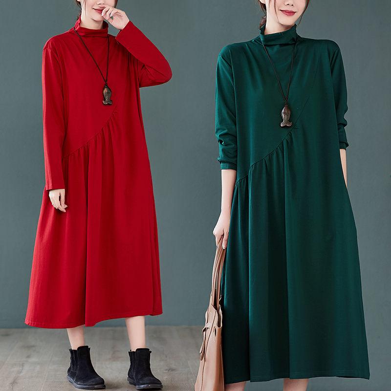 

Casual Dresses Womens Autumn Winter Cotton Dress Retro Solid Color Loose Oversized Half High Collar Vintage Female Robe 2021 E548, Black