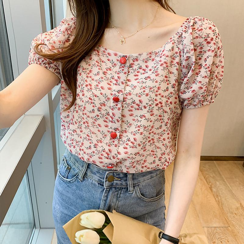 

Women' Blouses & Shirts 2021 Summer Style Square Neck Small Floral Chiffon Shirt Cover Belly Reducing Age Short-sleeved Top Tide, Red