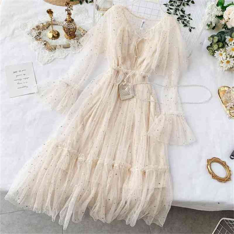 

Spring Summer Dress Women Slim High Waisted Sweet Mesh es Korean Ladies Long Sleeve Elegant Bling Tulle Robe Femme 210525