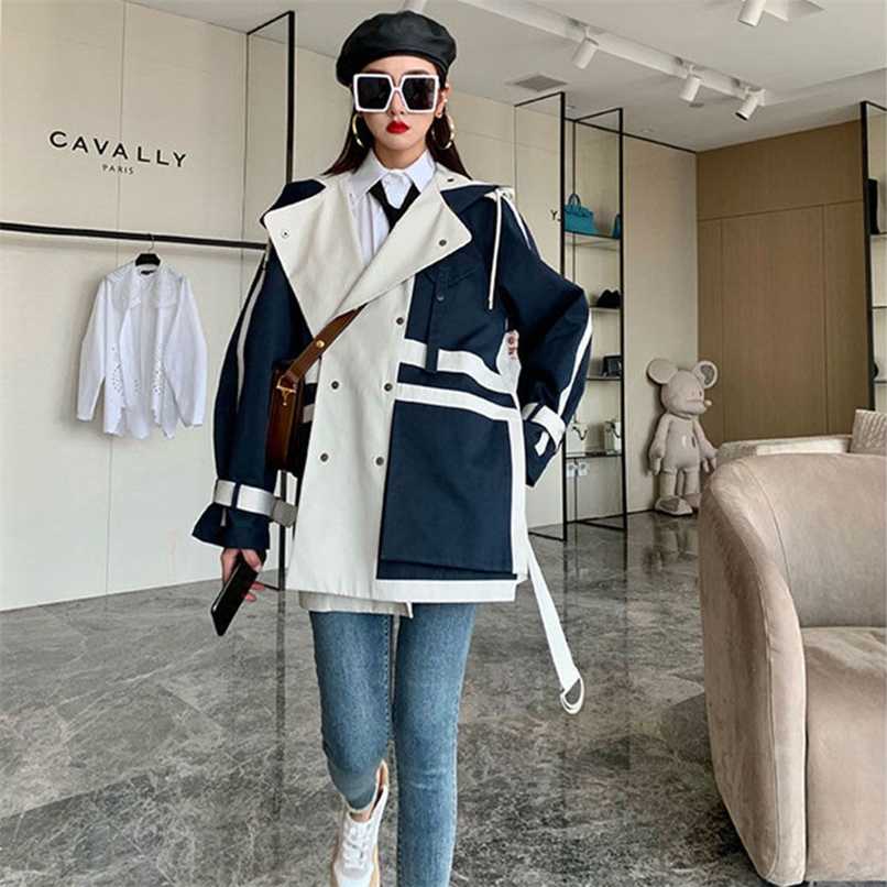 

[EWQ] Long Sleeve Jacket Stitching Design Queen Casual Large size Clothing Autumn Coats Korea Overcoat Outerwear Women 395 211109, Blue