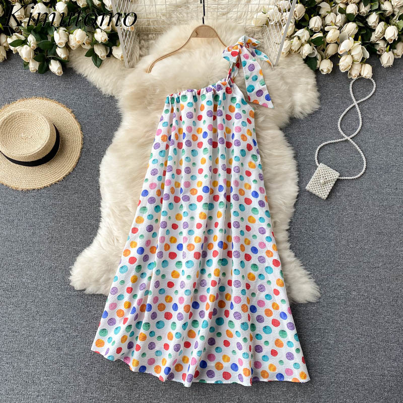 

Kimutomo Holiday Dress Women Summer Color Wave Point Oblique Collar Off One Shoulder Sling Beach Style Vestidos Elegant Casual 210521, White