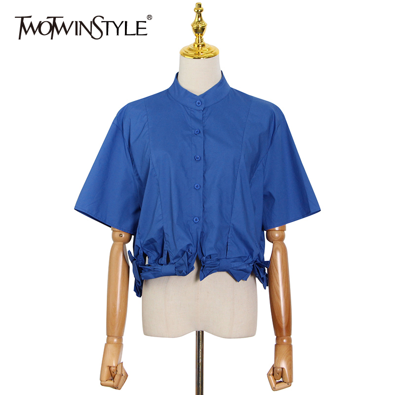 

Blue Shirts For Women Lapel Short Sleeve Straight Patchwork Bowknots Designer Blouse Female Summer Clothes 210524