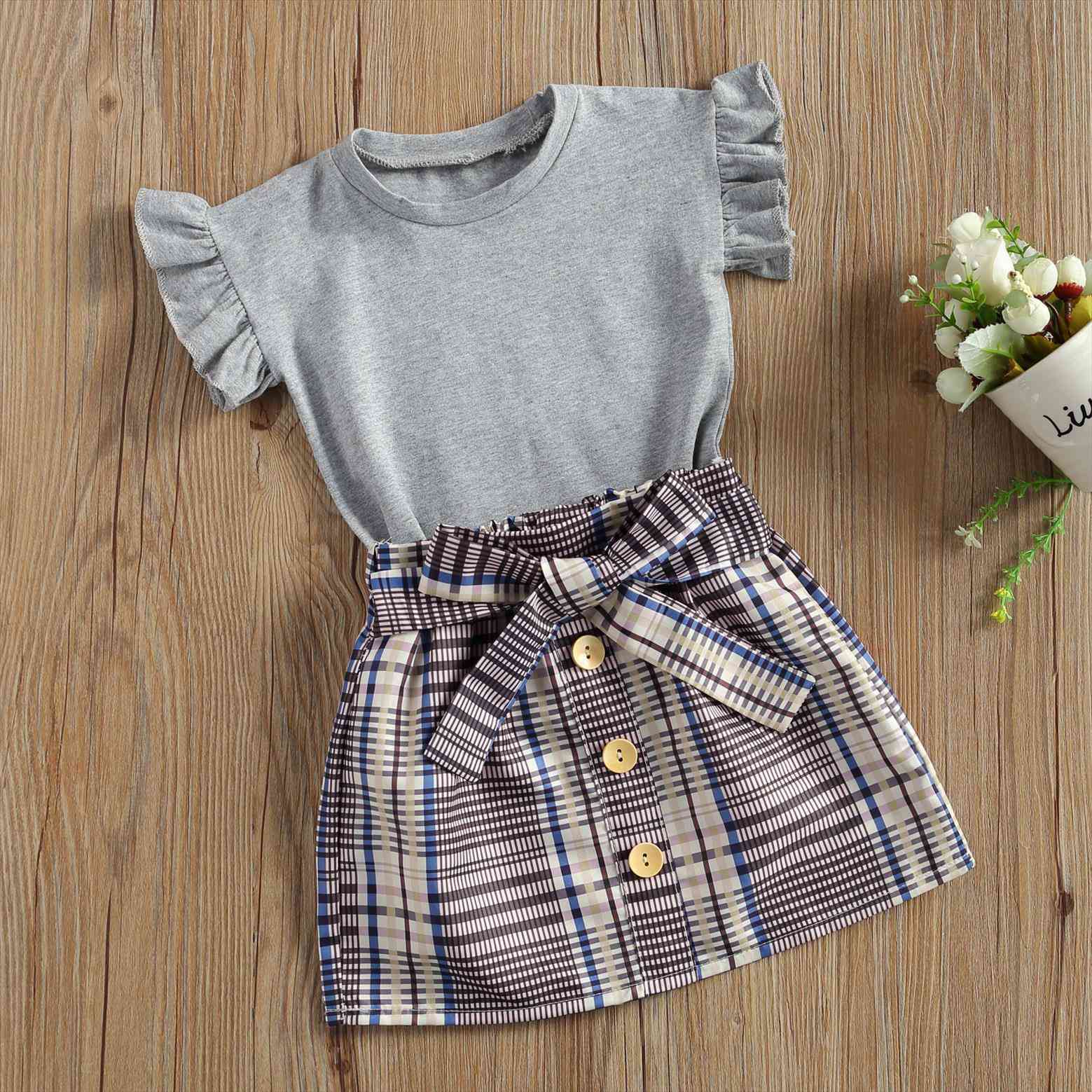 

toddler baby girl clothes solid color fly sleeve round neck t shirt plaids short skirt 2pcs outfits summer newest, White