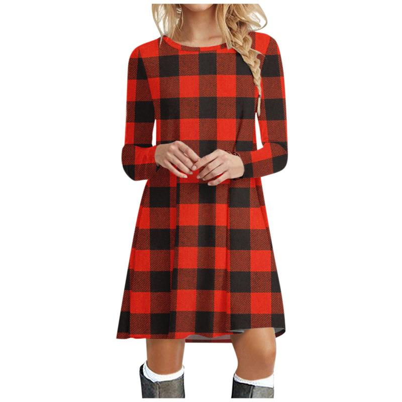 

Casual Dresses 3# Christmas Plaid Print Tee Shirt Dress Oversized Party Women Long Sleeve O Neck Loose Pullover Vestidos, Gn