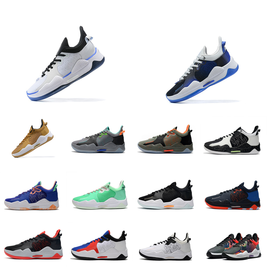 

Mens PS5 Paul George PG 5 shoes for sale womens kids PG5 sneakers tennis LA Drip Blue Pre-Heat Bred ASW Water Essential White Gold Wheat Tan trainers with box Size US 5s 12, Black