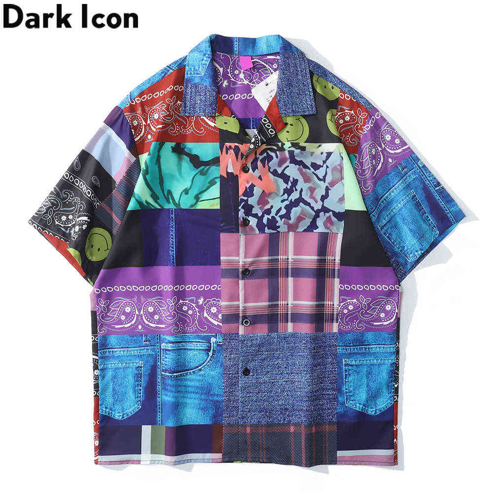 

Patchwork Vintage Street Shirts for Men Turn-down Collar Summer Hawaiian Shirt Polo Shirts for Man 210603, As photo