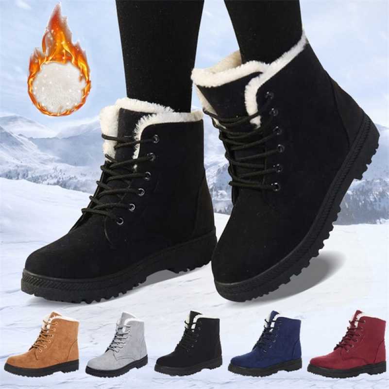

Women Winter Snow Boots Warm Flat Plus Size Platform Lace Up Ladies Women's Shoes Flock Fur Suede Ankle Boots Female 211019, Brown