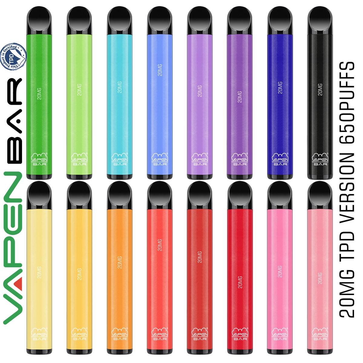

Vapen Bar Disposable E Cigarette Device 650 Puffs 500mAh Battery 2ml Pods Prefilled Cartridge Vape Pen Kit 20mg Vapor Stick TPD Certificated