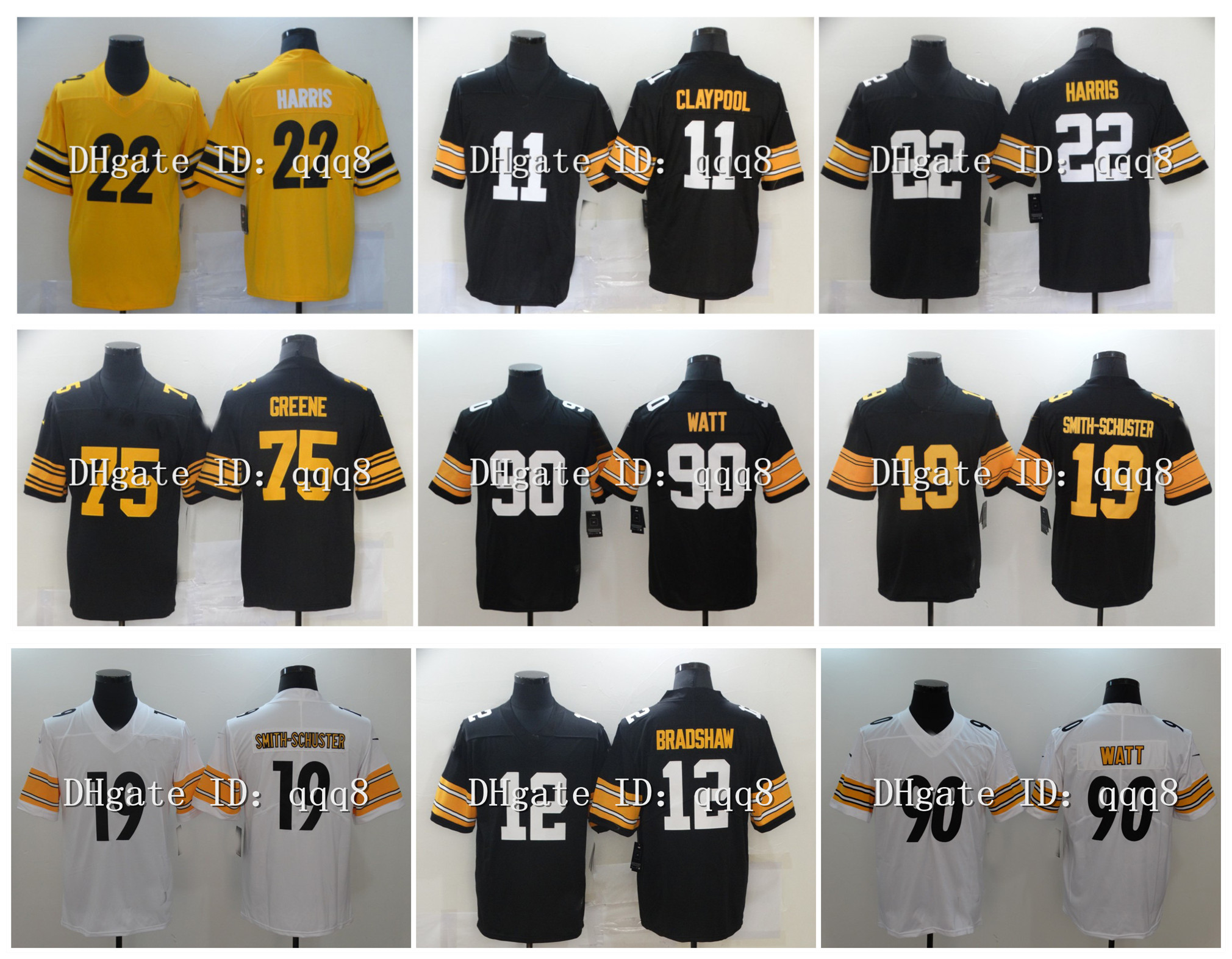 

2021 Mens Pittsburgh22 Najee Harris Football Jersey Steelers99 T.J. Watt 11 Chase Claypool 19 JuJu Smith-Schuster 12 Terry Bradshaw 75 Joe Greene Size S-XXXL, As pic