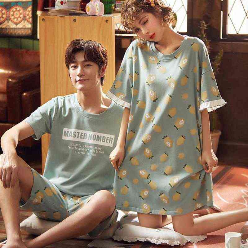 

couple pajamas sets print soft womens sleepwears 100% cotton cartoon fashion men short sleeve sleepwear suit 2 piece summer home, Black;red