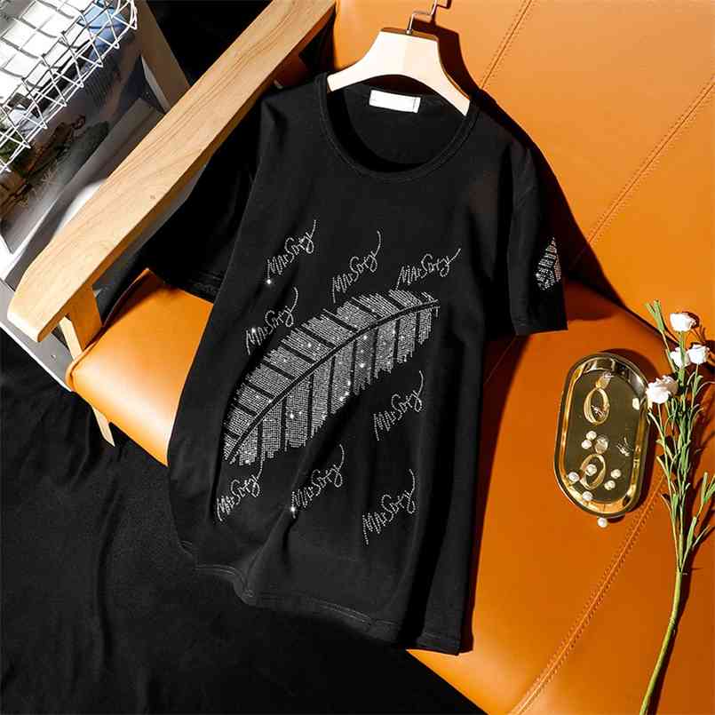 

Summer Korean Breathable cotton short-sleeved t-shirt women's fashion style leaves diamonds loose Black female tops 210708