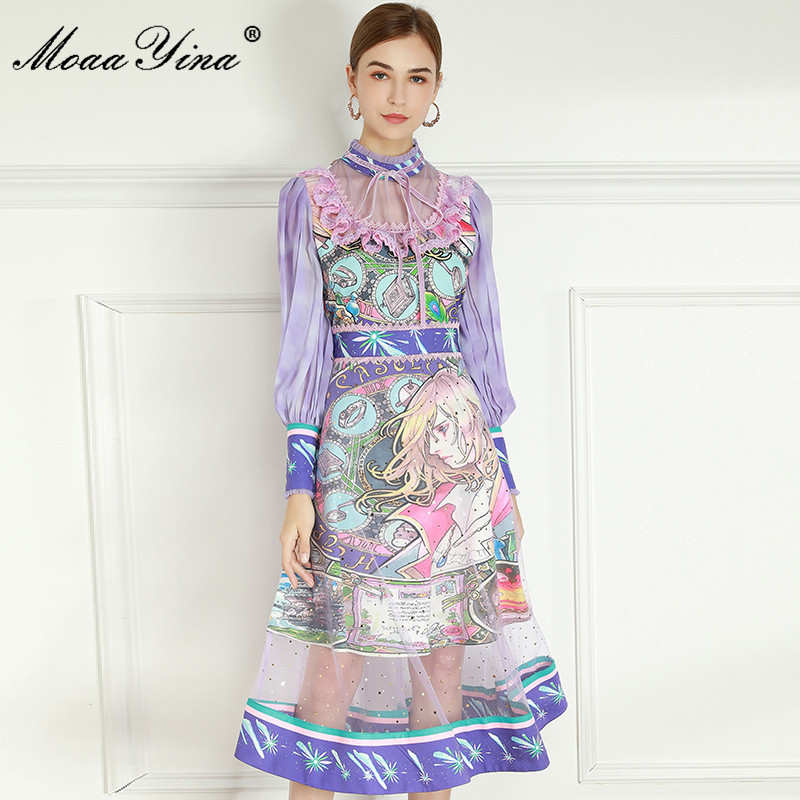 

Fashion Designer dress Spring Women's Dress Stand collar Long sleeve Lace Ruffles Anime Print Lolita Style Dresses 210524, Multi