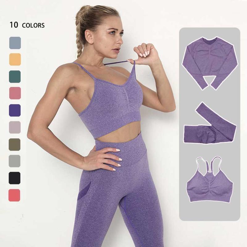 

Seamless Yoga Set Women Workout Sportswear Single Free Combination Gym Clothing Fitness Suits Long Sleeve+Leggings+Sport Bra Outfit, Sport bra 02