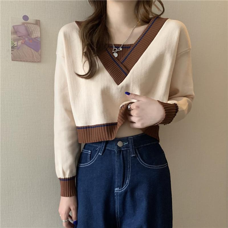 

Women's Sweaters Early Autumn Lazy Top For Women Knitwear Pullover 2021 Design Sense Niche V-neck Short Fake Two-Piece Bottoming Shirts, Green