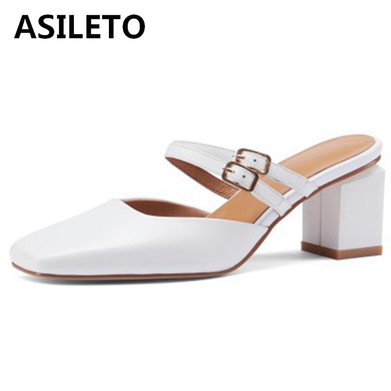 

Dress Shoes ASILETO 2021 Elegant Sandals Genuine Leather Pointed Toe 6cm High Chunky Heels Slip On Slingbacks Mules Big Size 33-41 Apricot, Black