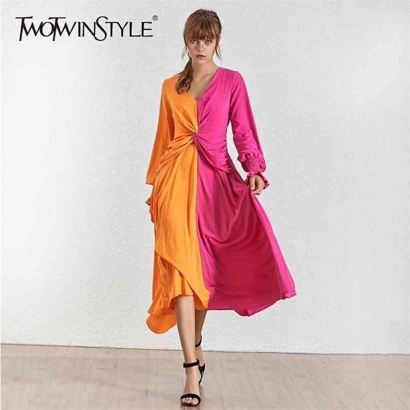 

Spring Hit Color Women Dress V Neck Lantern Sleeve High Waist Slim Ankle Length Dresses Female Fashion 210520, Striped
