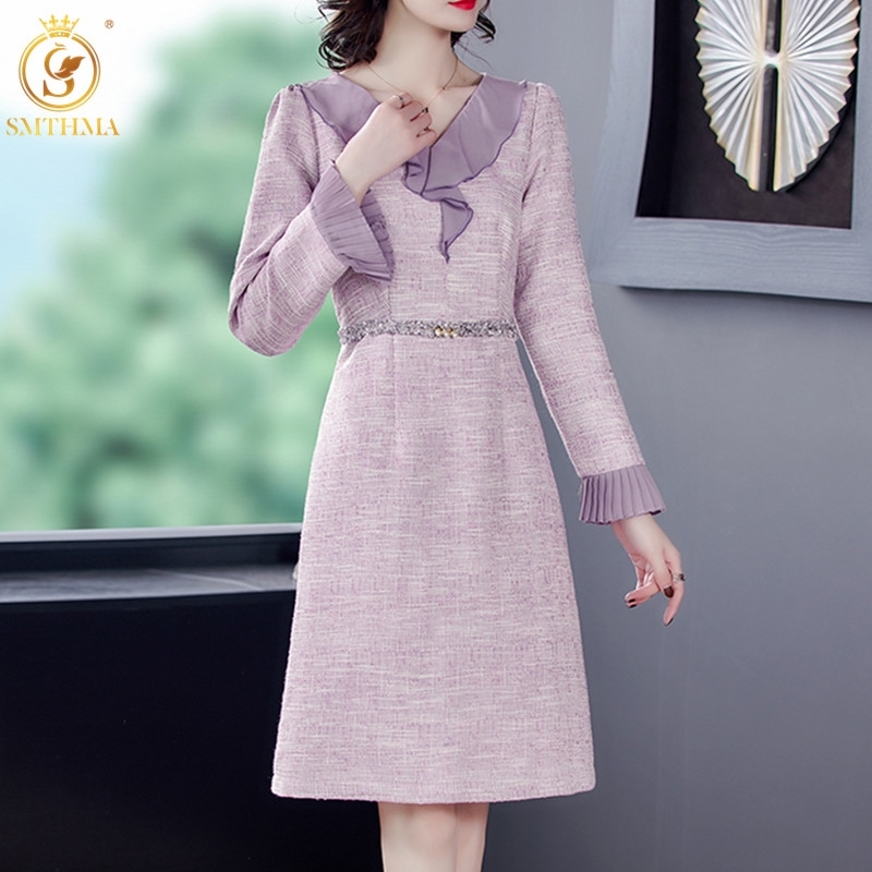 

Autumn And Winter Runway Tweed Dress For Women Vintage Wool Chic Party Knee Length A-Line Diamonds Belt Dresses Vestdios 210520, Photo color