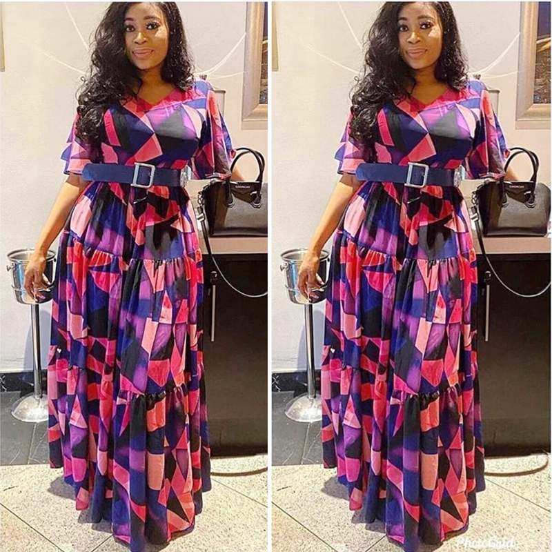 

MD 2021 Spring Summer Womens Dress African Print Boho Long Dresses Elegant Short Sleeve Chiffon Robe Party Gowns Lady Outfits, Blue