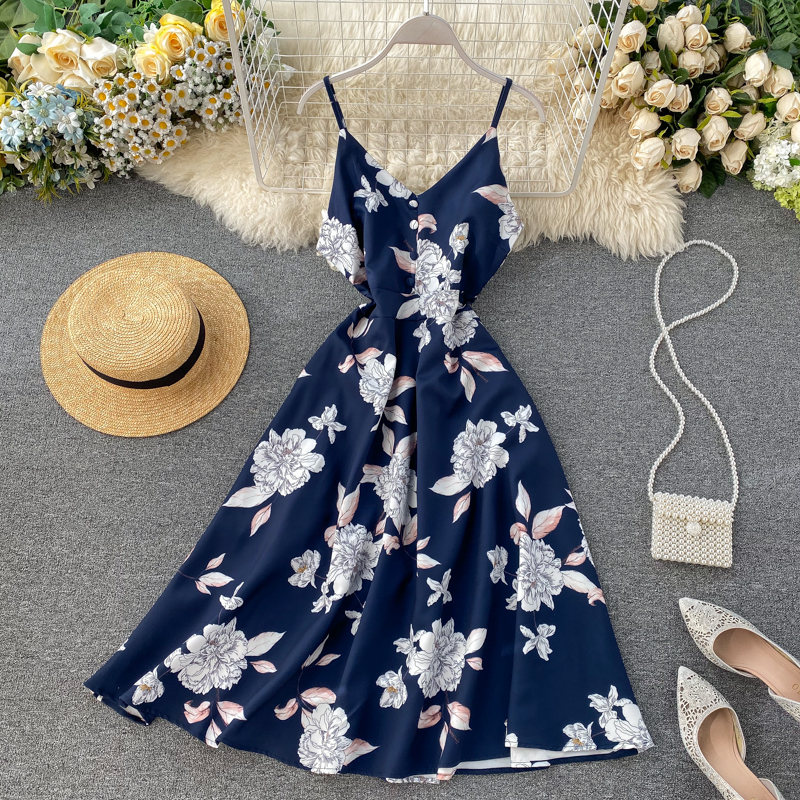 

2021fmfssom boho v neck 2021 floral print slim spaghetti strap midi long summer casual party women a-line beach holiday dress, Black;gray